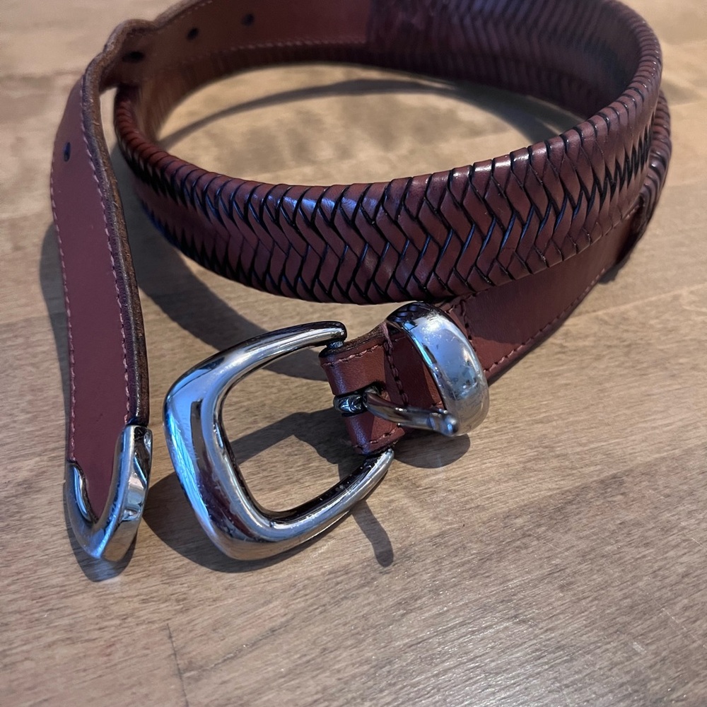 Cole Haan Vtg Cognac Braided Leather Belt w/ Solid Brass Silver Buckle & Tip 34